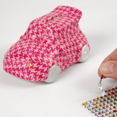 A Racing Car Money Box with Decoupage and Rhinestones