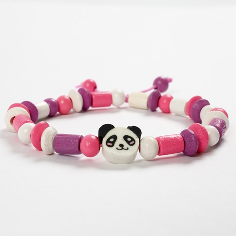 A Bracelet made from coloured Elastic Cord with a Shaped Wooden Bead and Wooden Beads