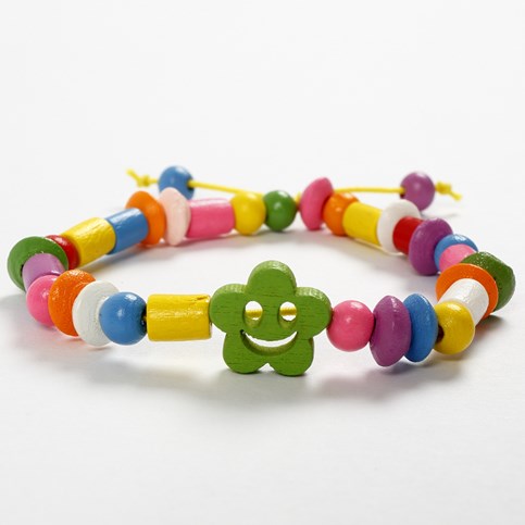 A Bracelet made from coloured Elastic Cord with a Shaped Wooden Bead and Wooden Beads