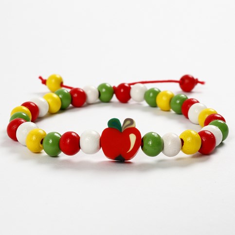 A Bracelet made from coloured Elastic Cord with a Shaped Wooden Bead and Wooden Beads
