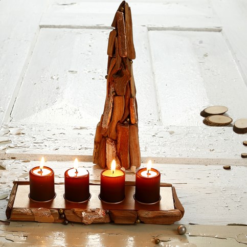 A Papier-M ch Cone Christmas Tree and a Tea Light Holder decorated with small Pieces of Wood